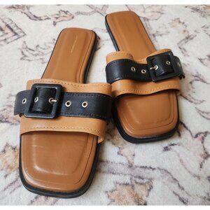 Anthropologie Women's Sz. 39 Buckle Slide Leather Sandals In Tan/Black